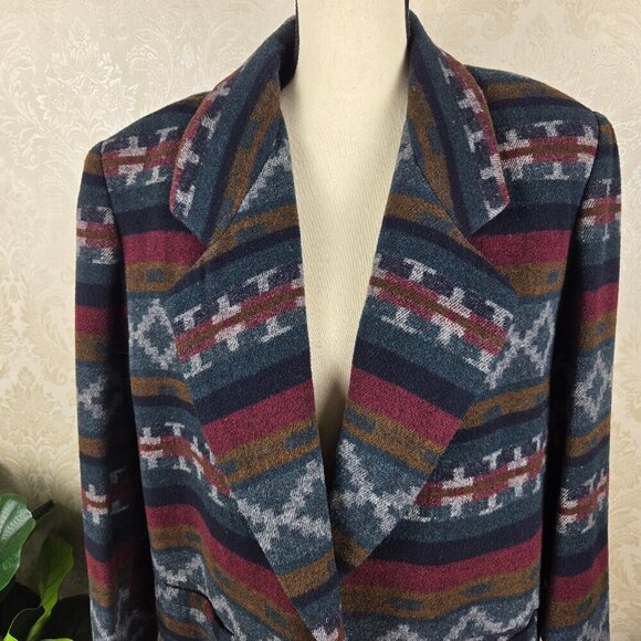 Braetan Size Large Southwestern/Aztec Print Wool Blend Blazer 1 Button Closure - Picture 2 of 13